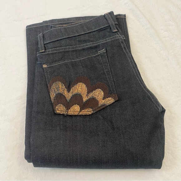 Y2K Tall Dark Denim Straight Flare 7 For All Mankind Metallic Jeans Long 27 - Picture 2 of 6